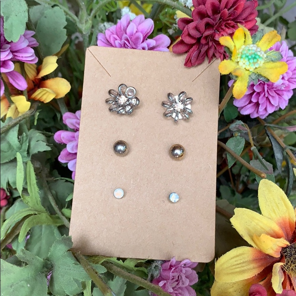 Silver Floral and Stud Earring Set - 3 Pairs